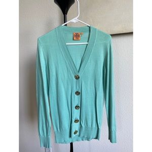Blue designer button up cardigan.